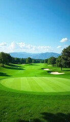 A scenic golf course background featuring lush green fairways, sand traps, and distant rolling hills under a clear blue sky, perfect for golf-related projects , sunlight, color