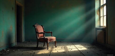 A single, broken chair lies abandoned in a desolate, dimly lit room Dust motes dance in a shaft of light, highlighting the damage and emphasizing the isolation of the scene , greyscale, broken chair