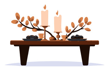 Elegant Cartoon Table Decor with Candles and Fresh Fruit Arrangement