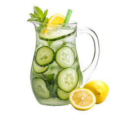 Refreshing Cucumber Lemonade with Mint and Ice in a Glass Pitcher