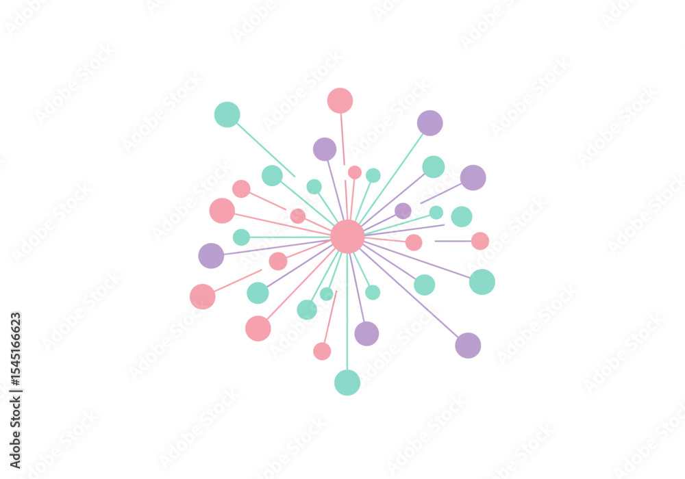 Poster abstract illustration of a central point radiating lines and dots in pastel colors, creating a netwo