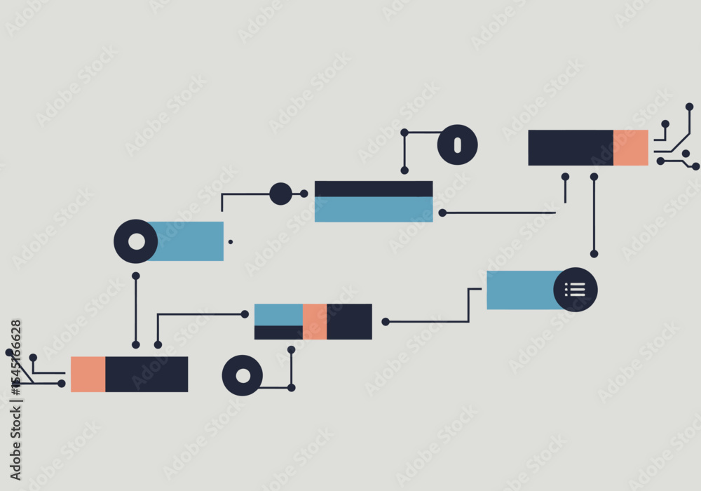 Poster abstract illustration depicting a flow chart with connected geometric shapes and lines.