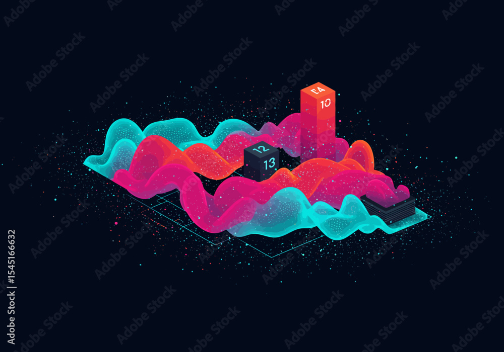 Poster abstract digital illustration showing data visualization, with flowing lines and cubes.
