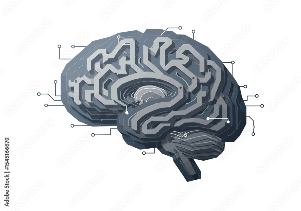 Poster digital illustration of a human brain with circuit board patterns, symbolizing technology, intellige