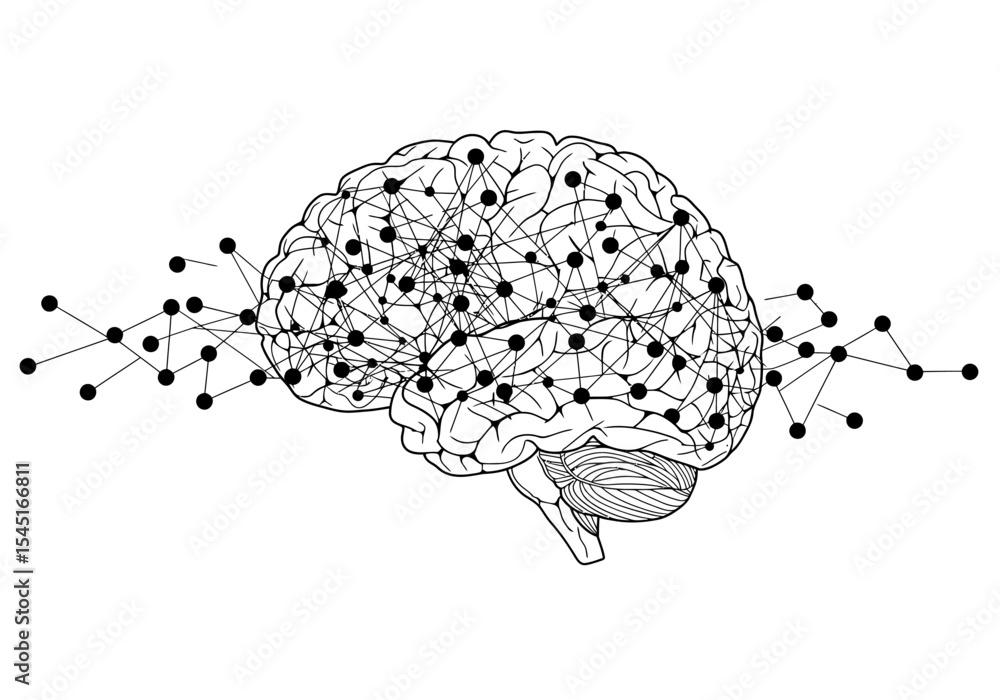 Poster an illustration of a human brain connected by a network of dots and lines, representing neural conne