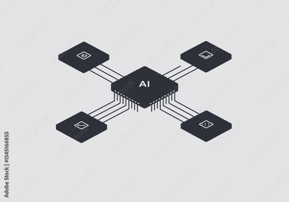 Fototapete Isometric illustration of a central AI processor connected to four data nodes.