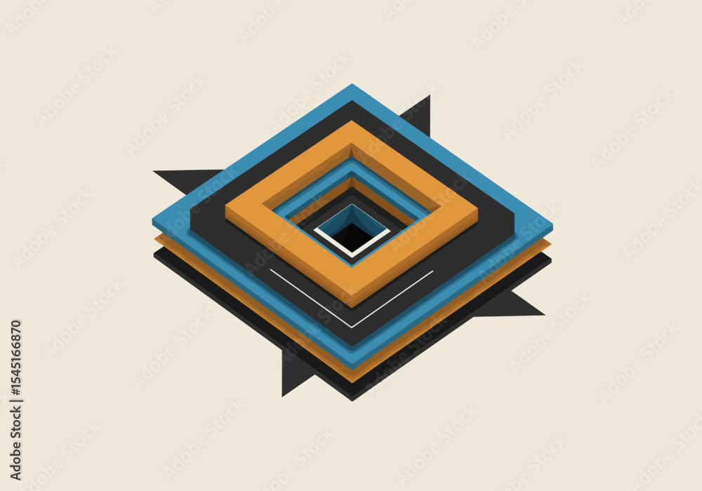 Poster abstract geometric composition with layered squares in blue, orange, and black, creating a 3d effect