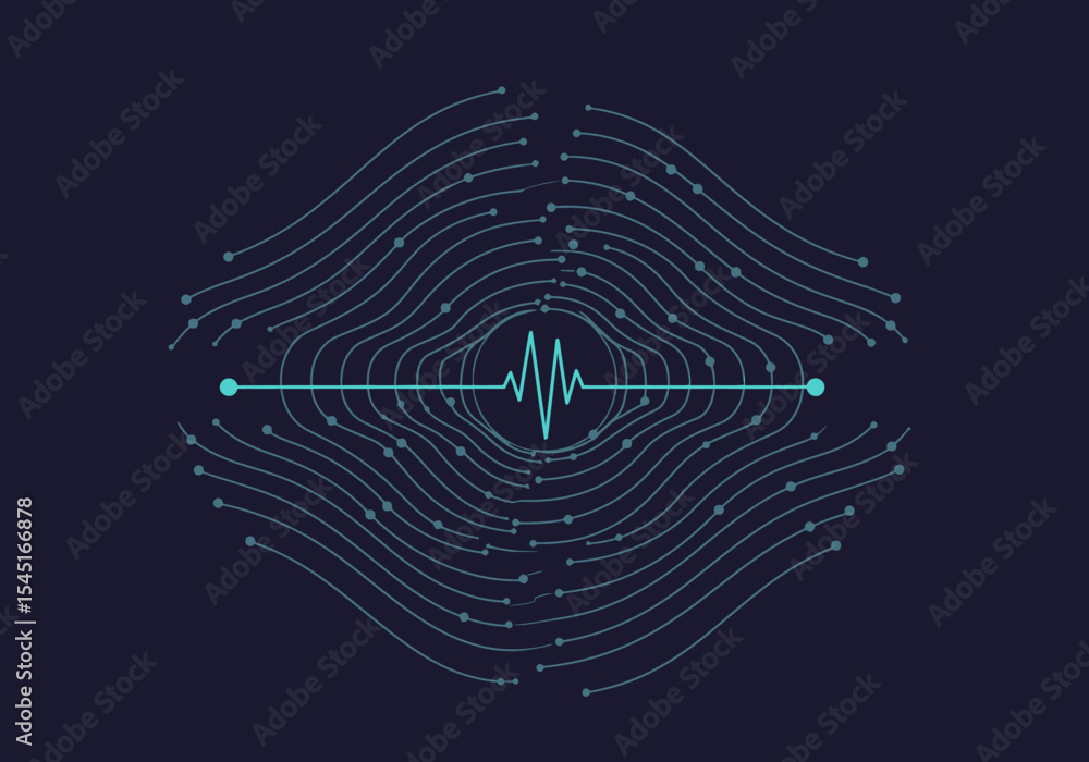 Aufkleber abstract illustration of a pulse wave with radiating lines and dots on a dark background.