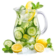 Refreshing Cucumber Lemonade with Mint and Ice in a Glass Pitcher