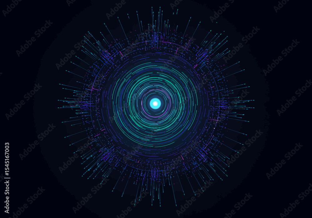 Poster abstract concentric circles radiate outwards from a central glowing point, creating a vibrant, dynam