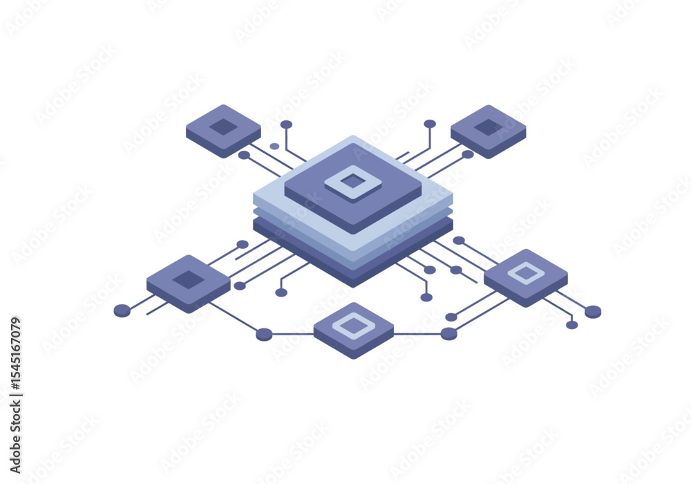 Poster isometric illustration of a central processing unit connected to multiple nodes, representing data f