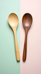 High-resolution photo of two identical wooden spoons with different textures and colors, placed side by side on split pastel background