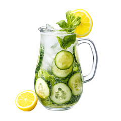 Refreshing Cucumber Lemonade with Mint and Ice in a Glass Pitcher