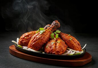 Close up of steaming tandoori chicken on a platter with onion slices