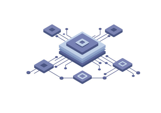 Isometric illustration of a central processing unit connected to multiple nodes, representing data flow and network.