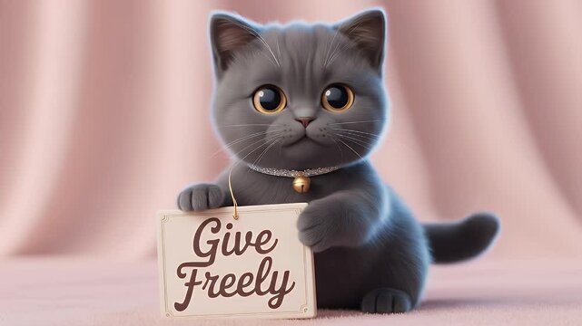Gray British Shorthair Cat Holding Sign Saying Give Freely in Pink Background Perfect for Decoration