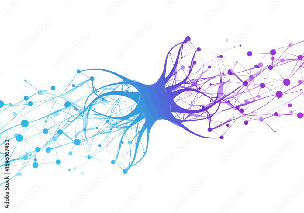 Poster abstract illustration of neural network with interconnected nodes and lines, transitioning from blue