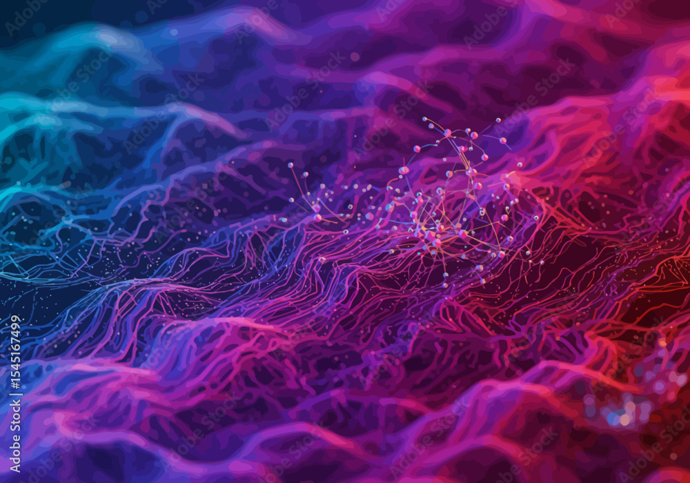Poster abstract rendering with flowing lines and connected dots, creating a textured, colorful landscape ef