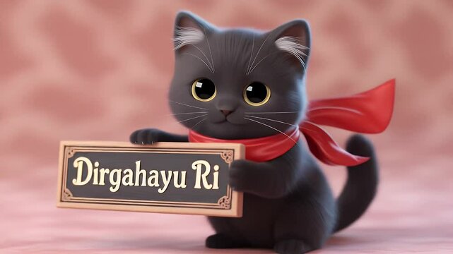 Cute Black Cat Holding Dirgahayu RI Sign with Red Scarf on Pink Textured Background for Indonesian Independence Day Celebration