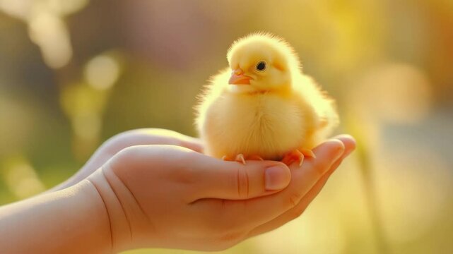 Small kid holding a fluffy yellow chick in gentle hands outdoors. Concept of farm animal care, spring, or Easter celebration. Cute pet footage.