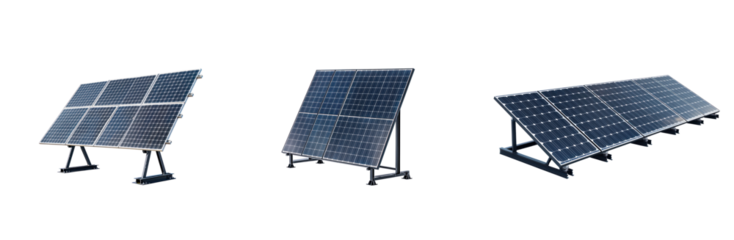 Collection of Solar panels on a field with the sun shining in the background, symbolizing renewable energy. full length isolate on transparent background