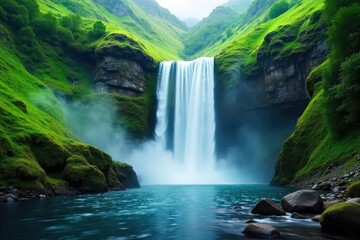 Fototapeta premium Serene cascading waterfall tumbling down lush green hills, creating a misty spray Perfect for travel, nature, and serenity themes , stream, flowing water, tourism