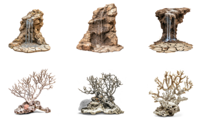 Collection of dried-up waterfall, showing the effects of reduced rainfall and prolonged droughts. full length isolate on transparent background