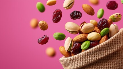 Natural Mixed Nuts cascading into a Jute Bag on Pastel Pink Background. Delicate textures of Pistachios, Peanuts, Dried Cherries, and Sunflower Seeds highlighted.