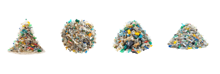 Collection of plastic waste near a beach, symbolizing pollution effect on oceans. full length isolate on transparent background