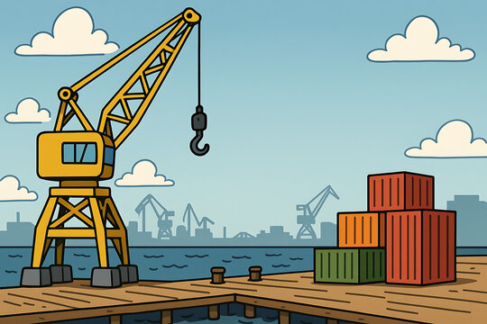 A container-lifting crane at the port is carrying out its task.