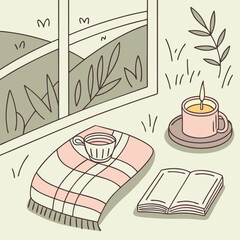 Cozy indoor scene with a window view, blanket, tea, candle, and book for a relaxing atmosphere indoors