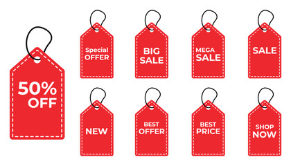 Red Sale Badges and Discount Labels Collection – Vector Tags for Promotions, Offers, and Shopping Banners, vector illustration.