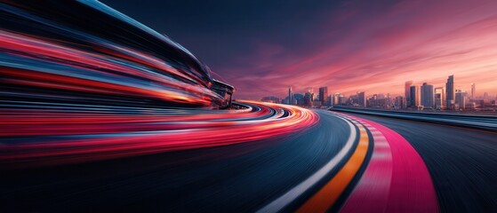 Dynamic blue light trails symbolize high-speed data flow in a futuristic city at twilight