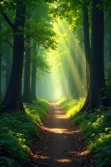 Obraz premium Sun-dappled forest path winds through ancient woods, dappled sunlight filtering through leaves, creating a magical atmosphere Perfect for fantasy, nature, or fairytale themes , environment, woodscape