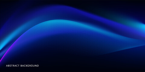 Abstract dark blue gradient background with glowing wave lines.