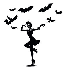 Black Silhouette of Woman with Bats Against a White Background