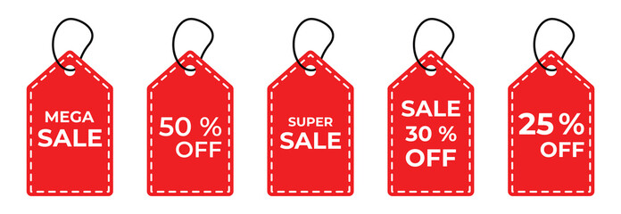 Red Sale Badges and Discount Labels Collection – Vector Tags for Promotions, Offers, and Shopping Banners, vector illustration.