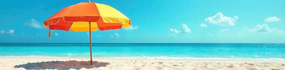 Vibrant beach umbrella providing shade on a sunny day, casting a shadow on the sand Perfect for summer vacation and tropical getaway imagery , escape, sky