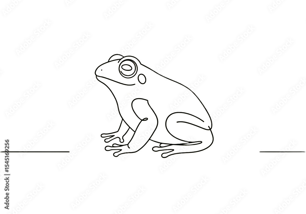 Poster a simple line drawing of a frog sitting on a white background with two black lines on the bottom