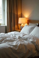 Warm, inviting bedroom scene with soft bedside lighting casting a gentle glow on crisp white bedding Perfect for relaxation, sleep, and home decor websites , bedroom, bedside