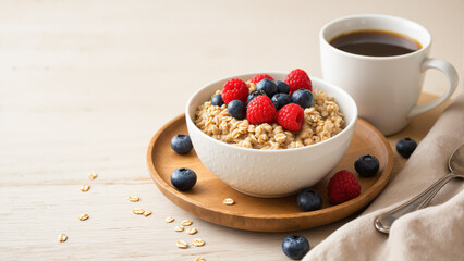 s a bowl of oatmeal with berries and a cup of coffee on a wooden plate