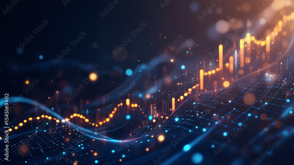 Poster s an abstract technology background with glowing lines and dots on a dark blue background