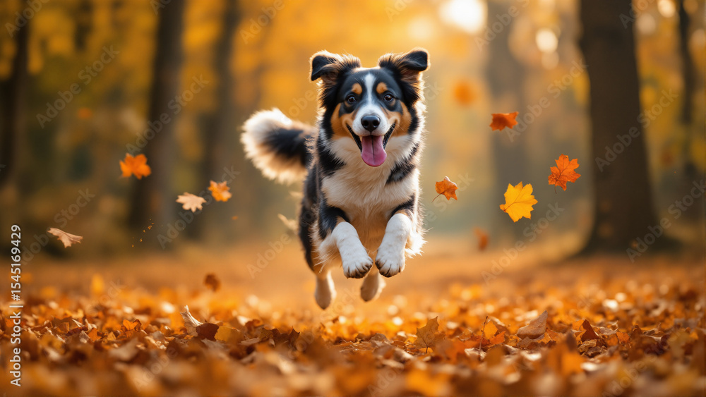 Poster s a dog running through a field of leaves in the fall