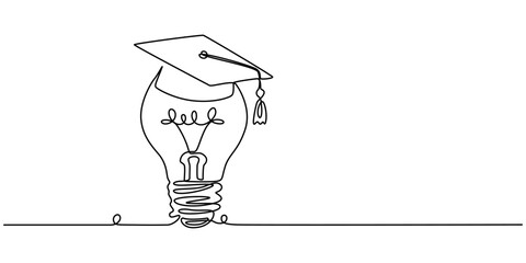 Light bulb and graduation cap continuous line drawn. Creative smart idea symbol. Vector illustration isolated on white, One single line drawing of bright lightbulb wearing graduation cap identity. 