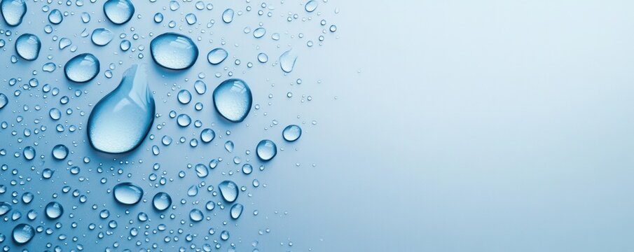 Isolated water droplets on a wet window glass with a soft blue background and clear textures