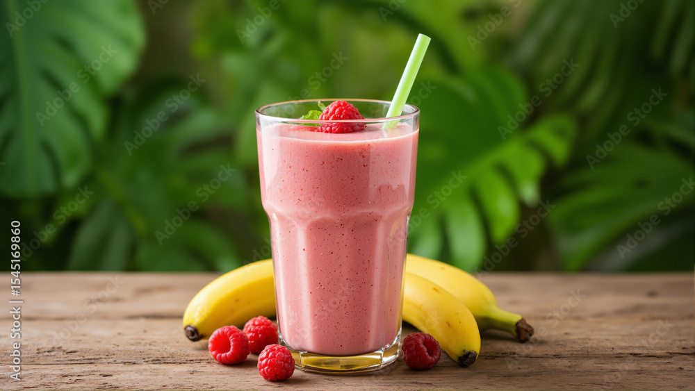 Poster s a glass of raspberry banana smoothie with a straw in it