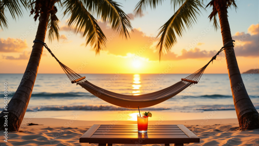 Poster s a hammock on the beach with a glass of drink on a table in front of it