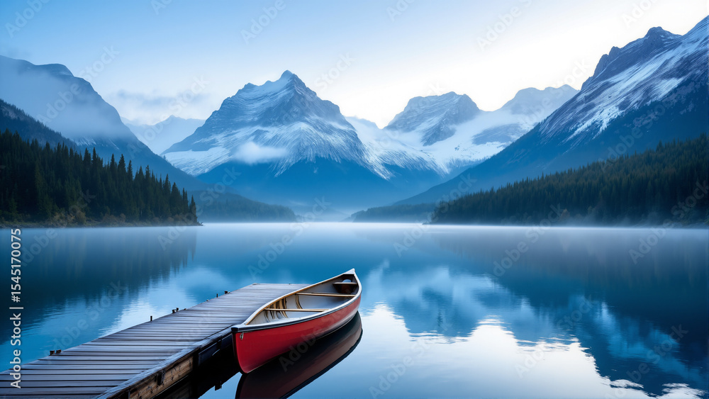 Poster s a red canoe sitting on top of a lake with a wooden bridge in the foreground and mountains in the b
