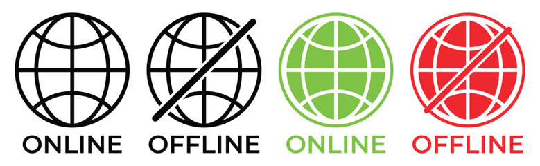 Online and Offline Internet Connection Icons – Flat Vector Set of Globe Symbols with Signal and No Signal Status in Red, Green, and Black, vector illustration.