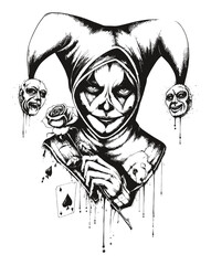 Dark Jester Illustration with Rose and Abstract Faces in Fine Detail